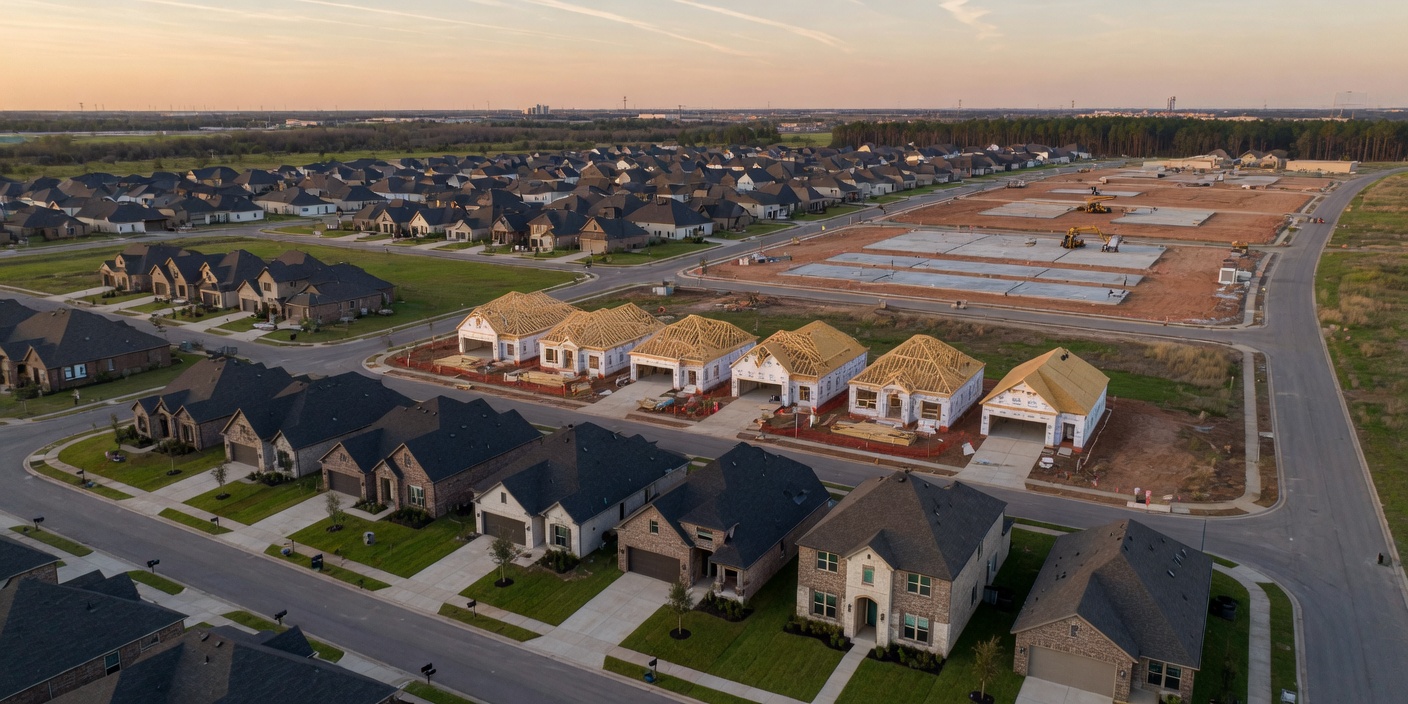 Texas community showing finished homes, framing, and slabs